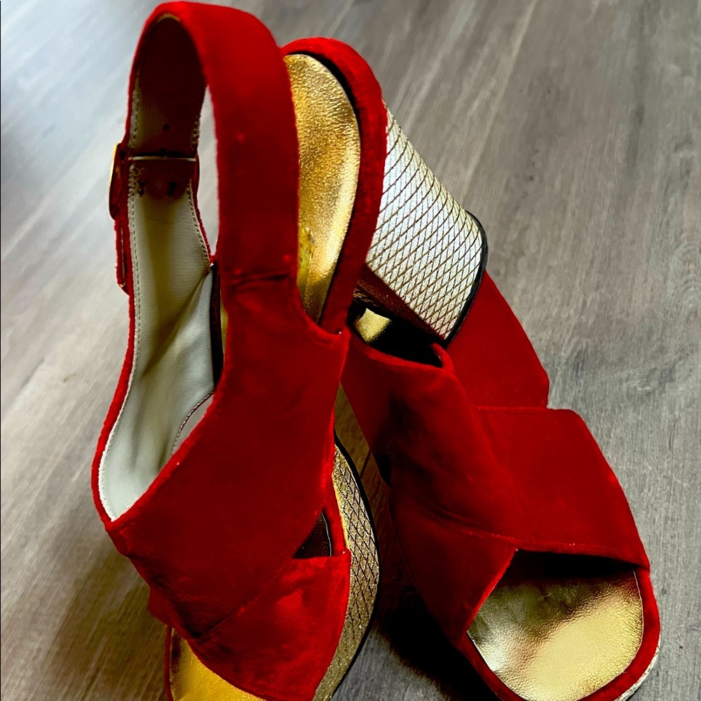1980s Vintage Shoes-red velvet and gold trim. For the fabulous only. US size 8.5